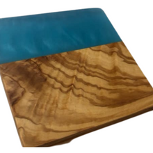 Load image into Gallery viewer, Set of 4 Olive Wood w/Resin Coaster Pearly Blue 4x4x0.39 in