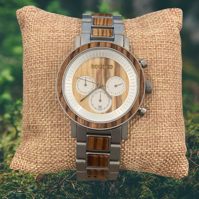 Men's Zebra Wooden Silver Stainless Steel Quartz Chronograph Watch - Ralph